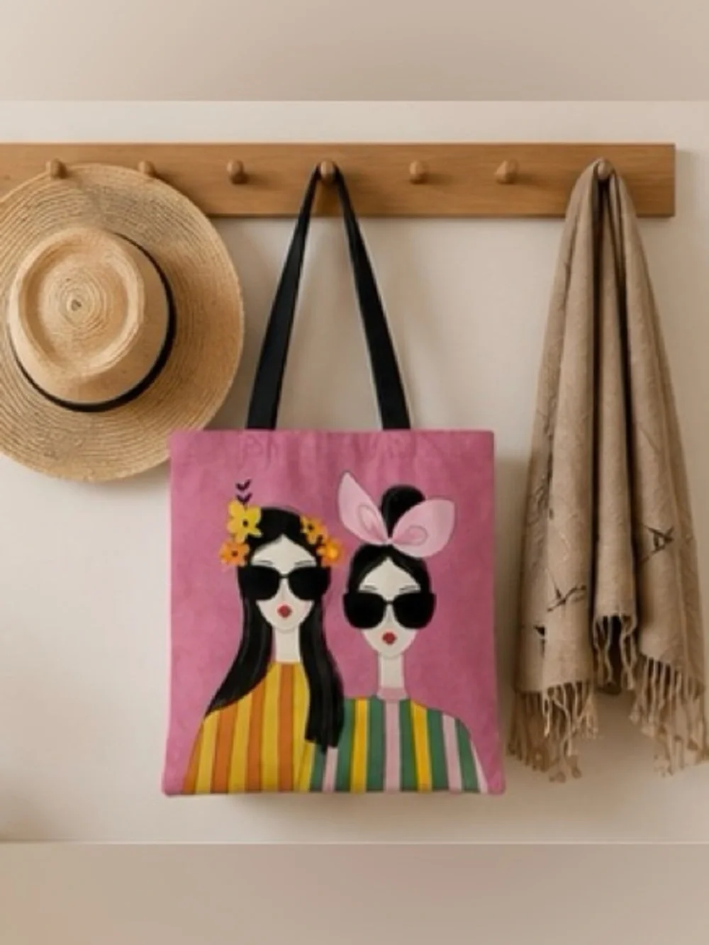 Pink Illustrated Women’s Canvas Tote Bag with Black Handles 💗😎